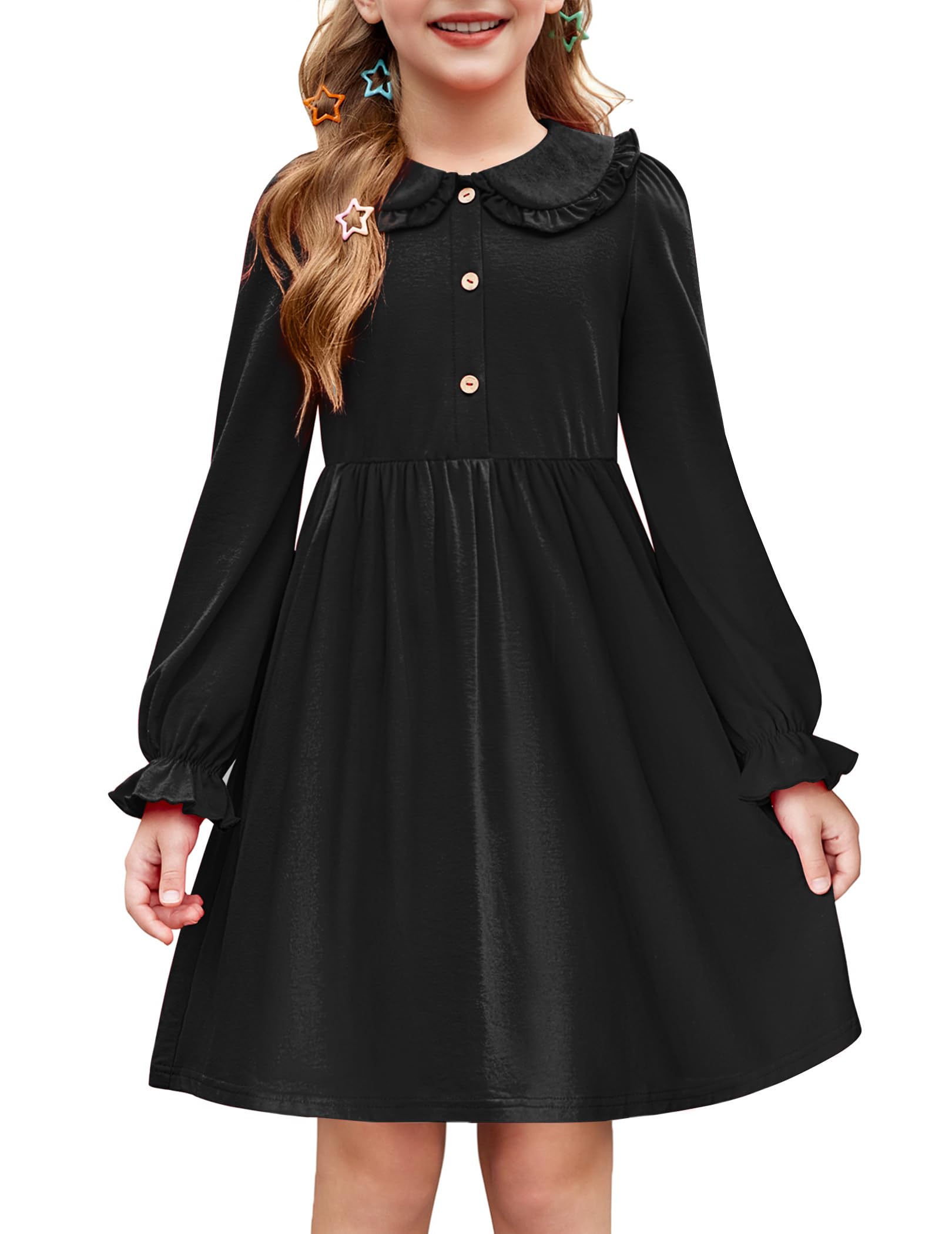 Arshiner Church Dresses for Girls Back to School Funeral Long Sleeve Fall Dress Black 6-7 Years