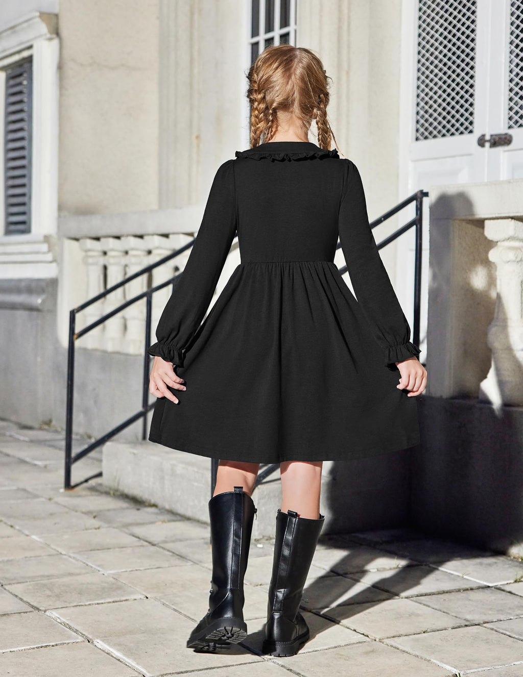 Arshiner Church Dresses for Girls Back to School Funeral Long Sleeve Fall Dress Black 6-7 Years
