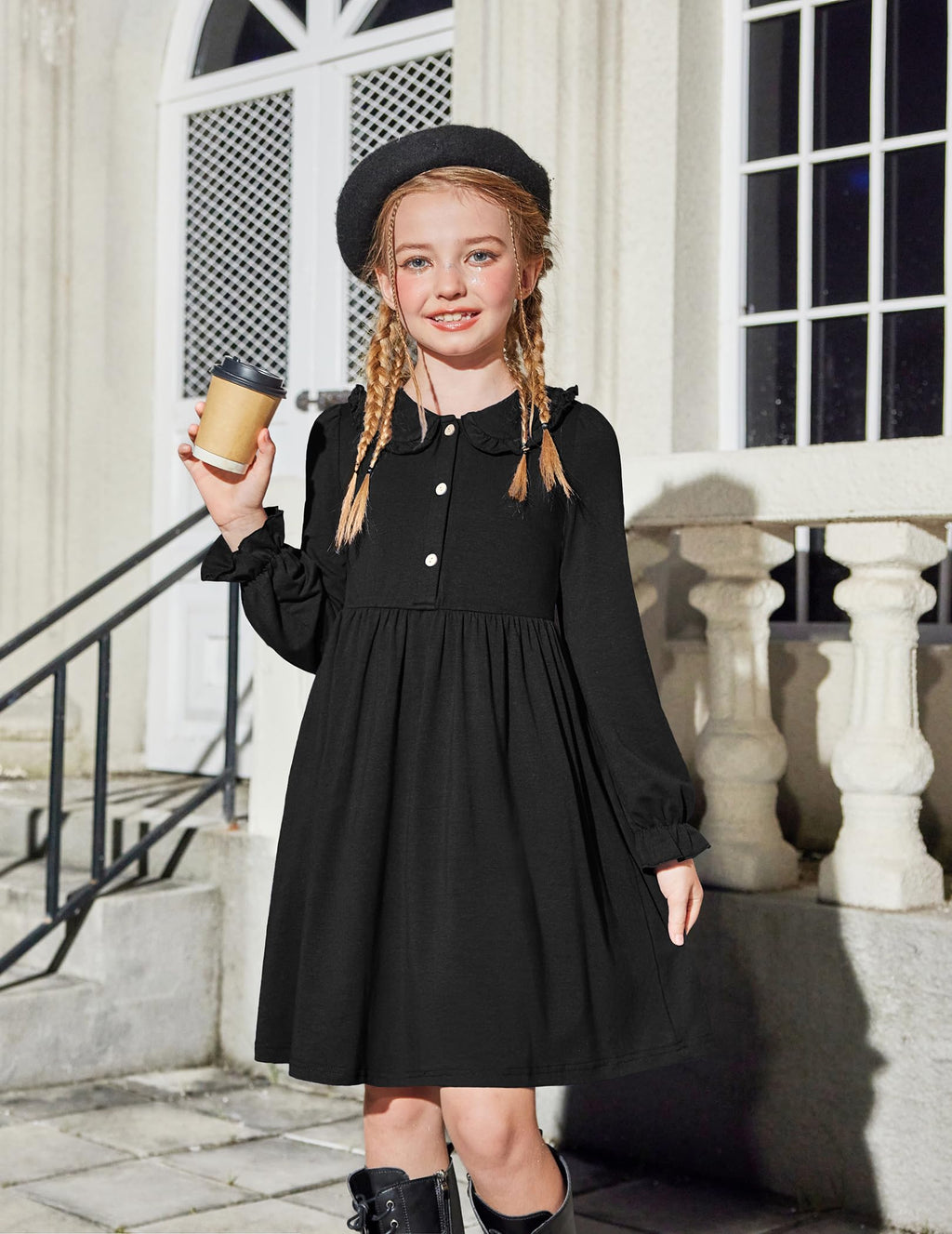 Arshiner Church Dresses for Girls Back to School Funeral Long Sleeve Fall Dress Black 6-7 Years