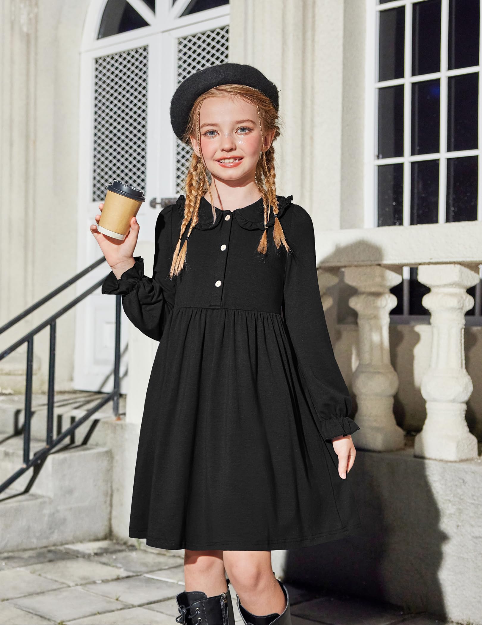 Arshiner Church Dresses for Girls Back to School Funeral Long Sleeve Fall Dress Black 6-7 Years